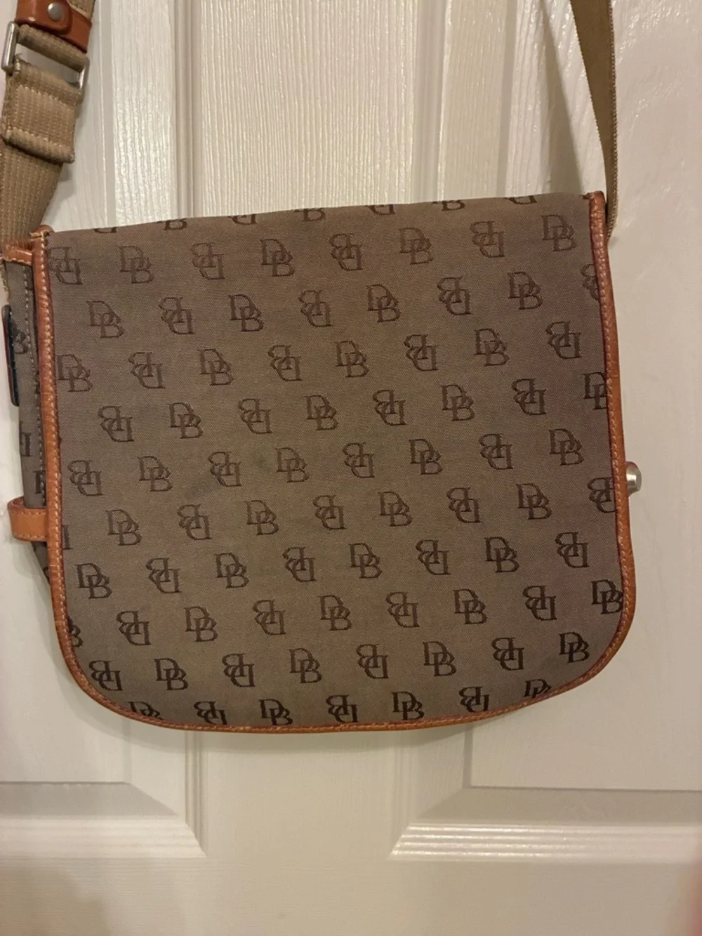 Dooney & Bourke Brown Monogram Canvas Messenger with Tan Trim
